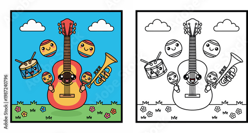 Cute Kawaii Musical Instruments Collection for Celebration and Music Themes