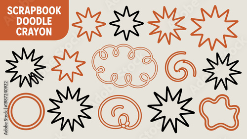 A colorful scrapbook background features hand drawn doodles of stars swirls and abstract shapes in black and orange crayon styles high quality professional detailed modern elegant