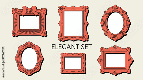 A collection of six ornate reddish orange picture frames in various shapes and styles are displayed on a pale background high quality professional detailed modern elegant