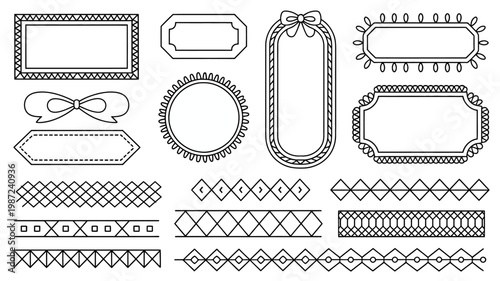 A collection of decorative black and white frames and borders are neatly arranged showcasing various shapes and ornate detailing high quality professional detailed modern elegant stylish