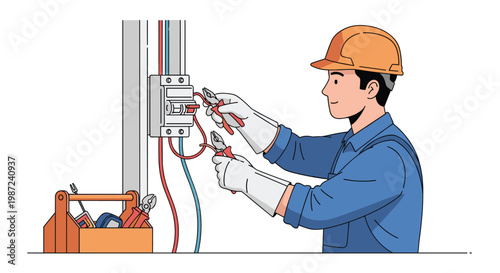 Skilled electrician wearing a hard hat and gloves working on a circuit breaker box with various tools in his toolbox nearby.