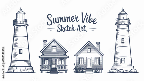 A charming sketch depicts a coastal scene featuring two lighthouses and quaint houses evoking a peaceful summer atmosphere high quality professional detailed modern elegant stylish clean