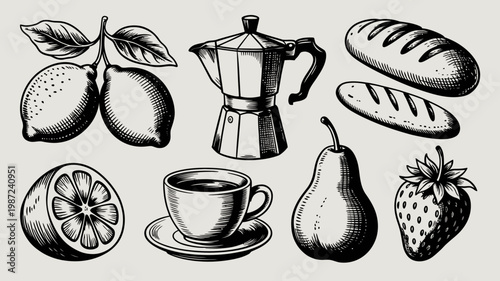 A vintage style illustration showcases a collection of breakfast items including citrus fruits coffee bread and a strawberry high quality professional detailed modern elegant stylish clean