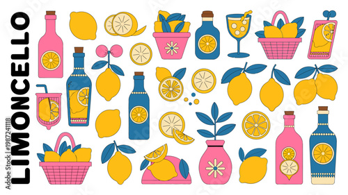 A colorful illustrative collection of limoncello bottles fresh lemons lemon slices and decorative floral elements arranged on a white background high quality professional detailed modern elegant