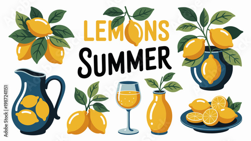 A vibrant illustration showcases lemons lemonade and related items like pitchers glasses and sliced fruit evoking a summery feeling high quality professional detailed modern elegant stylish
