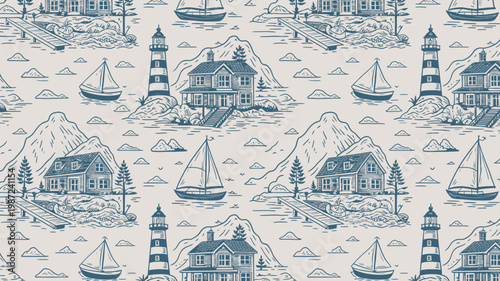 Obraz na plátne A repeating pattern displays coastal scenes with houses sailboats lighthouses an