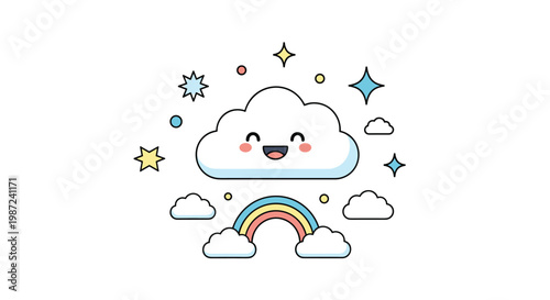 Happy smiling cloud character with pink cheeks surrounded by stars a rainbow and colorful dots on a white background.