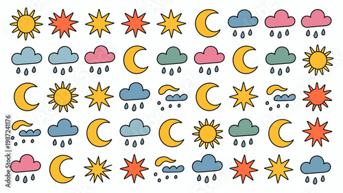 A colorful hand drawn collection of weather icons including suns moons clouds and raindrops arranged in a repeating pattern high quality professional detailed modern elegant stylish