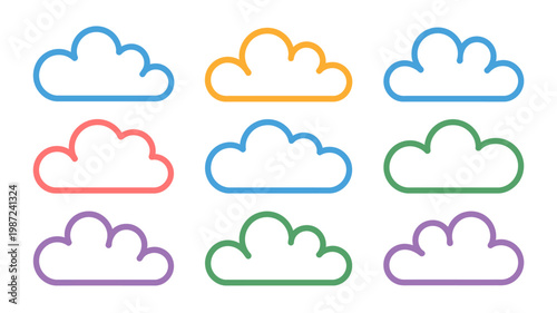 A collection of nine colorful outlined clouds arranged in a symmetrical three by three grid against a stark white background high quality professional detailed modern elegant
