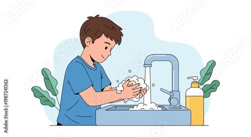 Young boy in a blue t-shirt diligently washing his hands with soap at a bathroom sink to maintain good personal hygiene.