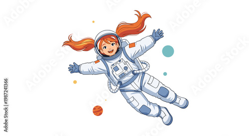 Happy young girl with red pigtails in a white space suit floating freely in outer space among distant planets and stars.