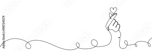 Continuous one line heart love hand korean finger icon care. Korean heart sign one line self valentine vector doodle symbol outline drawn art day drawing illustration print trend logo k gesture happy.