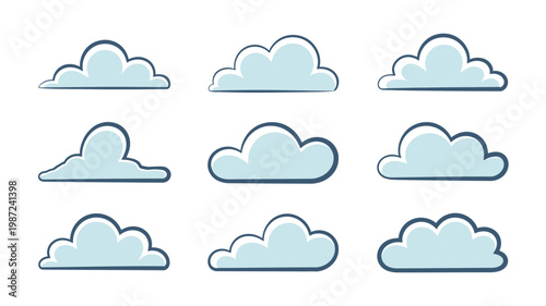 A collection of nine cartoon style clouds are displayed against a plain white background showcasing varying shapes and sizes high quality professional detailed modern elegant stylish