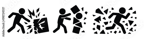 Vector set of stick figures breaking things with lots of shards and fragments. Simple black silhouettes for destruction, vandalism, rage, chaos, demolition, aggressive behavior.