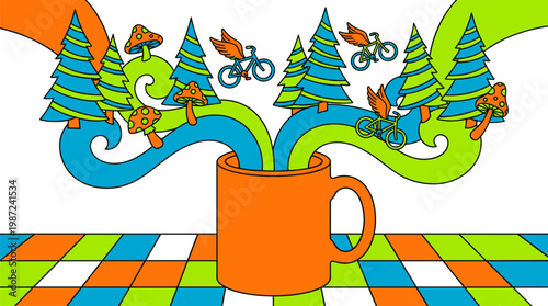 Oversized Coffee Mug With Steam Forest And Whimsical Mushrooms Pop Surrealism Flat Illustration With Bold Outlines