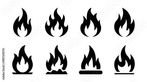 A collection of eight black fire flame silhouettes are displayed against a clean white background showcasing varying shapes and intensities high quality professional detailed modern elegant