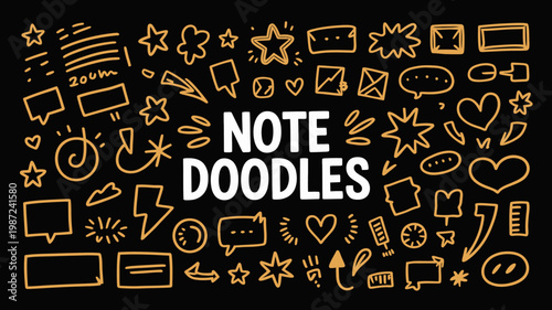 A vibrant playful illustration featuring a collection of hand drawn doodles and sketches in a bright yellow hue against a black background high quality professional detailed