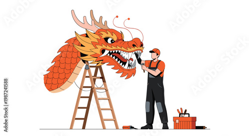 Skilled craftsman working on a large traditional chinese dragon head using tools in a workshop setting with a ladder and toolbox nearby.