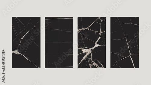 A series of four vertically oriented dark marble panels display fractured and veined patterns against a neutral background high quality professional detailed modern elegant stylish clean