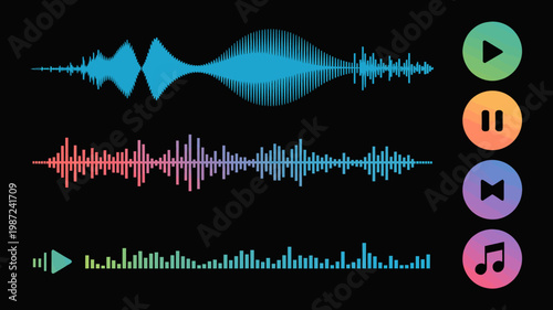 This graphic displays various waveform visualizations alongside music control icons including play pause and skip buttons high quality professional detailed modern elegant stylish clean crisp vibrant