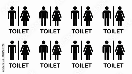 A collection of black restroom signage depicting male female and unisex figures each labeled with the word toilet below high quality professional detailed modern elegant stylish
