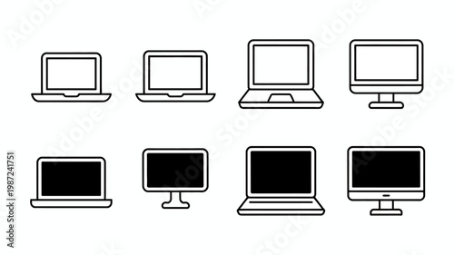 A collection of eight black and white outline icons depicting various computer screens and laptop devices in different orientations high quality professional detailed modern elegant stylish