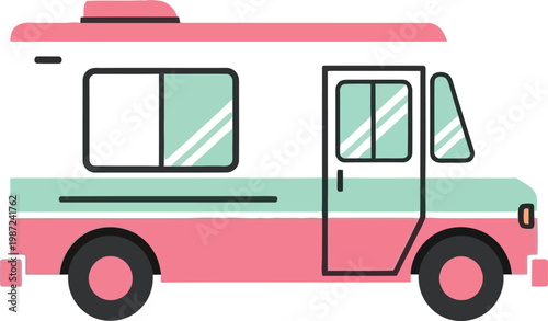 Retro style pink and green food truck vector icon with delivery