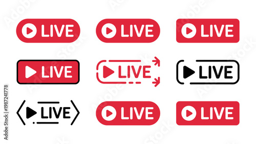 A collection of red and black live stream icons with play symbols indicating ongoing broadcasts or video content high quality professional detailed modern elegant stylish clean