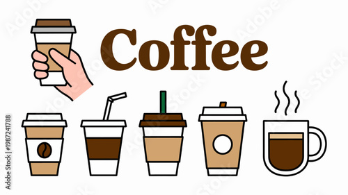 A colorful illustration depicts various coffee beverages including to go cups a hand holding a cup and steam rising from a mug high quality professional detailed