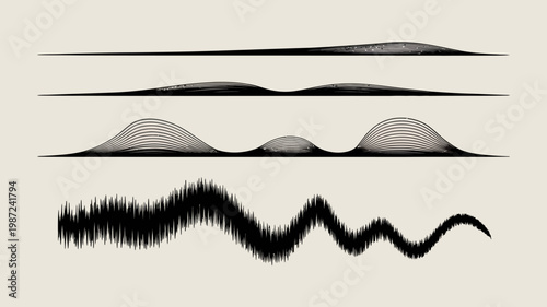 A minimalist image featuring four black lines of varying wave patterns against a light beige background demonstrating increasing complexity high quality professional detailed modern elegant stylish