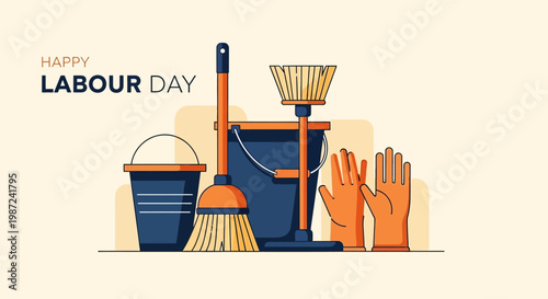Happy Labour Day illustration of cleaning tools and supplies, celebrating workers' rights and contributions