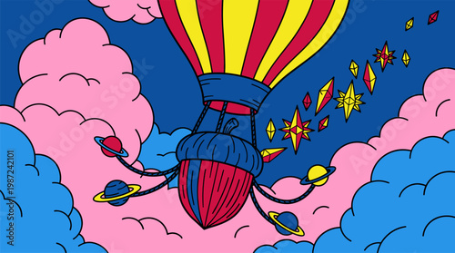 Surreal Space Traveling Acorn Hot Air Balloon Pop Surrealism Flat Illustration With Bold Outlines
