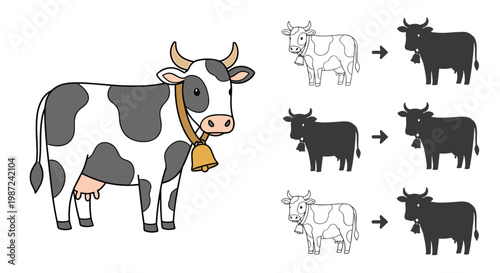 Educational worksheet illustration featuring a spotted dairy cow and a series of matching shadow puzzles for children.