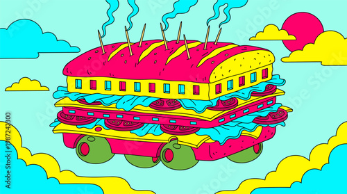 Floating Sandwich Building with Olive Wheels and Toothpick Chimneys Pop Surrealism Flat Illustration