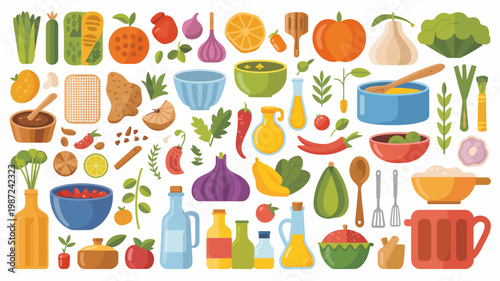 A colorful flat lay illustration showcases a vibrant assortment of fresh produce cooking ingredients and kitchen tools arranged on a white surface high quality professional detailed