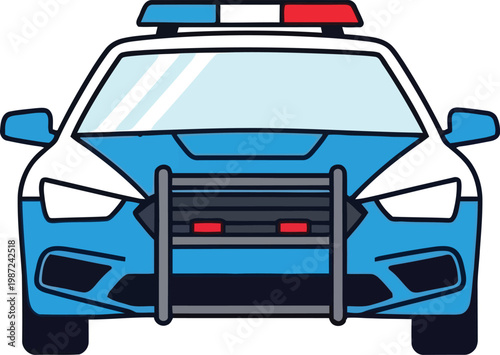 Front view of a blue and white police patrol car vector illustration