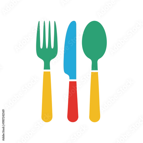 Foto Colorful flat design cutlery icons, fork knife spoon, eating utensils set, kitch