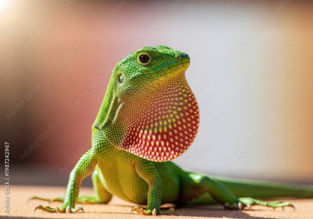 Fototapeta premium Green lizard with vibrant red and yellow throat patch on display in a natural setting outdoors