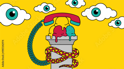 Vintage Telephone With Snake Cord And Ice Cream Pedestal Pop Surrealism Flat Illustration With Bold Outlines