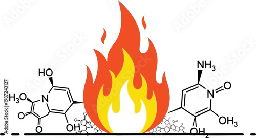 Chemical reaction with fire flame and molecular formulas illustration
