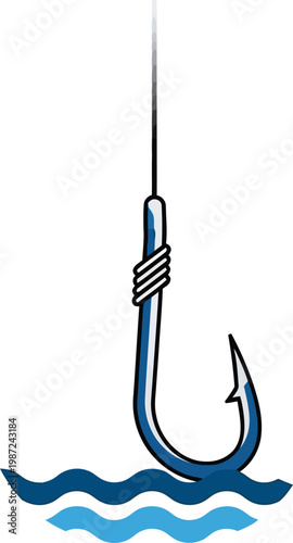 Blue metal fishing hook dipped into blue wavy water with equipment