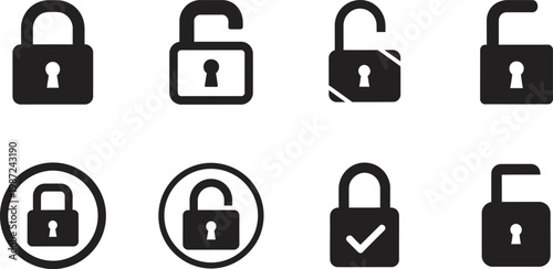 Collection of black lock icons diverse security symbols representing protection and access control in digital and physical realms