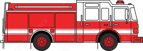 Emergency red fire truck vehicle profile with emergency, firefighter