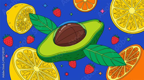 Avocado Spaceship Floating in Fruit Cosmos Pop Surrealism Flat Illustration with Bold Outlines