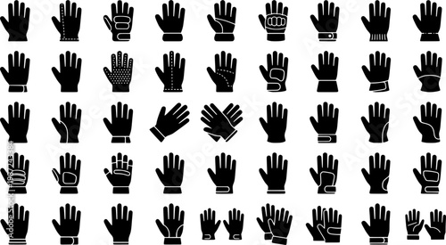 Leather Glove Icons. Protective Leather Gloves. Line icon set of Protective Leather Gloves: gloves, palm texture, stitching detail, cuff, reinforced knuckle,