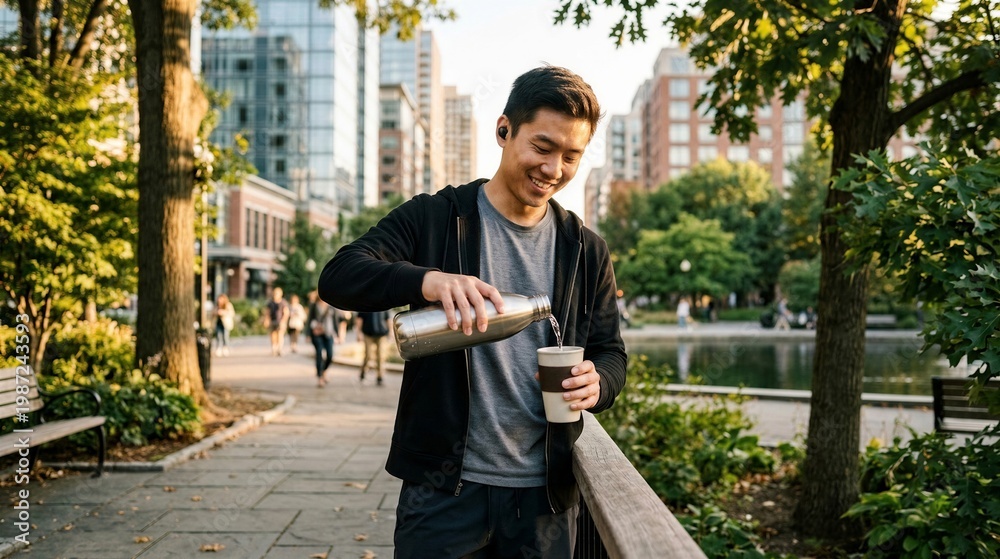 Fototapeta premium Young man refilling reusable water bottle in city park