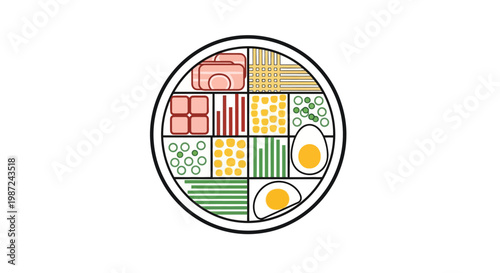 Colorful breakfast plate with food.
