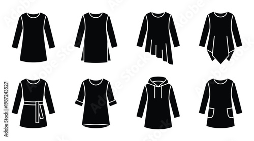 Black women's dresses tunics hoodies fashion silhouettes vector icons