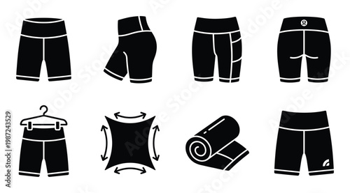 Black silhouette of women's athletic shorts, including yoga and biker styles, with accessories, on transparent background