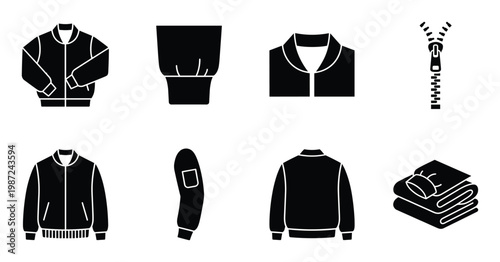 Bomber jacket manufacturing icon set including zipper detail sleeve cuff and folded apparel symbols